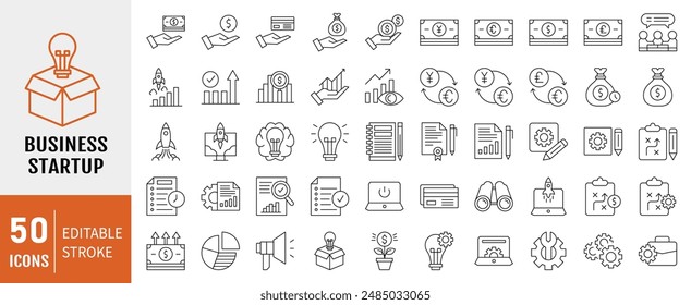 Business Startup. Line vector icon set. Pixel perfect. Editable stroke. For Mobile and Web. The set contains icons: Startup, Launch Event, Beginnings, New Business, Motivation, Rocket, Opening, 