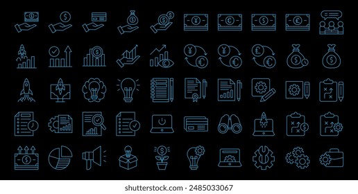 Unternehmensgründung. Liniensymbolsatz für die Vektorgrafik. Pixel perfekt. Bearbeitbarer Strich. Für Mobilgeräte und Web. Das Set enthält Icons: Startup, Launch Event, Beginnings, Neu Business, Motivation, Rocket, Opening, 