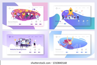 Business Startup Marketing Landing Page Development Set. Rocket Technology for Project Seo Advertising. Social Media Mobile Data Presentation Website or Web Page. Flat Cartoon Vector Illustration