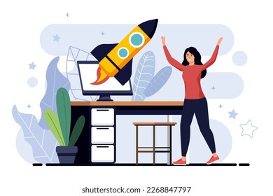 Business startup minimalistic concept with people scene in the flat cartoon style. Girl is happy for a successfully launched startup. Vector illustration.