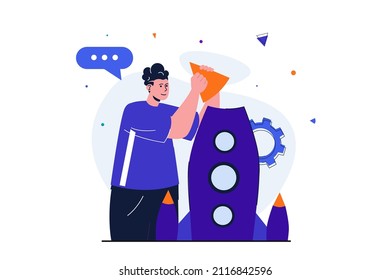 Business startup modern flat concept for web banner design. Man is preparing to launch new project and improves rocket. Creative idea and innovation. Vector illustration with isolated people scene