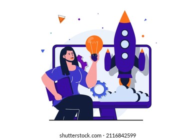Concepto moderno de diseño de banners web para empresas nuevas. Feliz empresaria desarrolla idea, crea un nuevo proyecto exitoso y lanza un cohete. Ilustración vectorial con la escena de personas aisladas