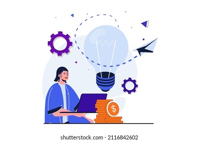 Concepto moderno de diseño de banners web para empresas nuevas. La mujer crea nuevas ideas para iniciar proyectos, atrae inversiones y desarrolla estrategias. Ilustración vectorial con la escena de personas aisladas