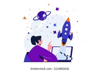 Concepto moderno de diseño de banners web para empresas nuevas. Una empresaria crea y lanza un nuevo proyecto sobre la nave espacial voladora y trabaja en una laptop. Ilustración vectorial con la escena de personas aisladas