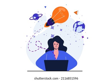 Business Start moderne flache Konzept für Web-Banner Design. Unternehmerinnen entwickeln neue Idee auf Laptop, analysiert und kreiert Unternehmensstrategie. Vektorgrafik mit Szene isolierter Menschen
