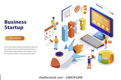 Business startup modern flat design isometric concept. Launch work and people concept. Landing page template. Conceptual isometric vector illustration for web and graphic design.