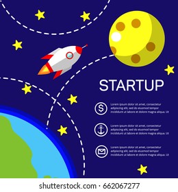 Business startup, new project. Flat design style modern vector illustration. Rocket flying from Earth to Moon