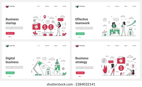 Business startup, online effective teamwork and strategy success set vector illustration. Cartoon tiny people invest in digital project and grow money plant, work on business development in team