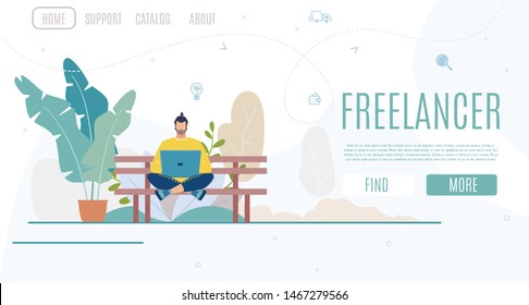 Business Startup, Online Service for Freelancers Flat Vector Web Banner, Landing Page Template with Freelancer Man Sitting at Bench in City Park, Using Laptop, Working Online Outdoor Illustration