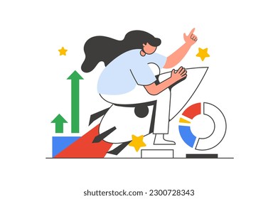 Concepto web de esquema de inicio de negocio con escena de caracteres. La mujer lanza una nueva empresa, logra objetivos. Situación de la gente en el diseño de línea plana. Ilustración vectorial para material de marketing en medios sociales.