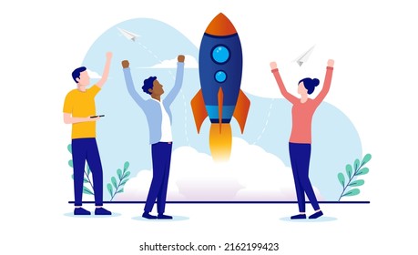 Business startup - People ready to launch new business, cheerful and happy. Flat design vector illustration with white background