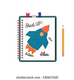 Business startup plan is drawn in a notebook. Notepad and pencil with drawing.