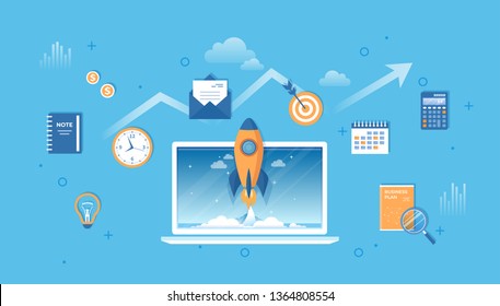 Business startup, planning, idea, strategy, management, realization and success. Rocket launch from laptop monitor, business plan, clock, target, calendar, checklist, light bulb. Vector