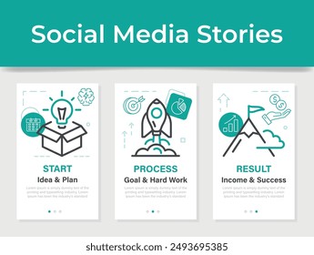 Business startup progress plan idea process result social media stories design template set vector illustration. Strategy step data timeline visualization efficiency productivity with line elements