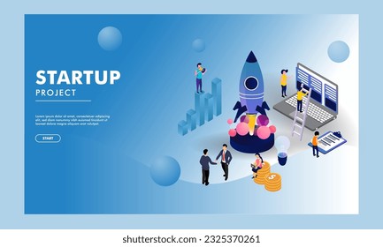 Business Startup Project Based Landing Page with Illustration of New Entrepreneur Analysis His Company Growth or Success.