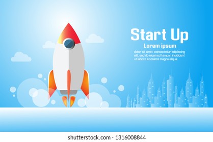 Business Startup project concept with rocket into the sky flat design. Vector illustration
