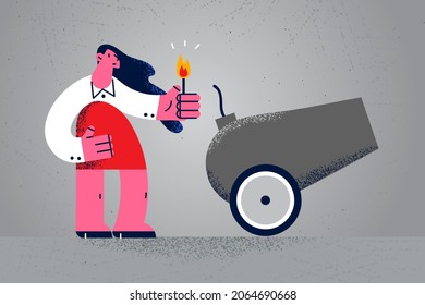 Business startup and project concept. Young businesswoman cartoon character standing and putting fire to gun cannon launching project vector illustration 