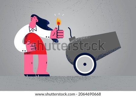 Business startup and project concept. Young businesswoman cartoon character standing and putting fire to gun cannon launching project vector illustration 