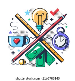 Business startup project idea development vector. Planning strategy for open company and earning money. Pencil and ruler, banknote and stopwatch, light bulb and hot drink cup flat cartoon illustration