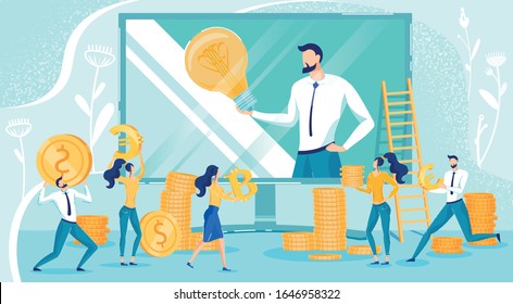 Business Startup Project Investment. Money Donation for New Progressive Idea. Man on Computer Screen with Lighbulb and People Sharing Gold Dollar, Euro Coins, Bitcoins. Vector Illustration