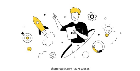 Business Startup, Project Launch, Successful Idea Presentation Doodle Concept With Businessman And Flying Rocket With Infographic Icons Around. Goal Achievement, Boost Linear Vector Illustration