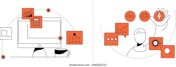 Business startup, project launch, successful idea presentation 2D concept with businessman and infographic icons around. seller dashboard, boost Linear vector illustration, extension chart assistant.