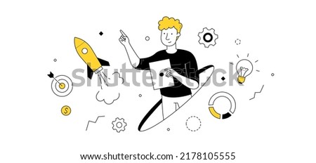 Business startup, project launch, successful idea presentation doodle concept with businessman and flying rocket with infographic icons around. Goal achievement, boost Linear vector illustration
