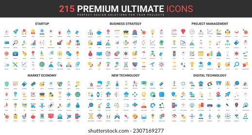 Business startup, project management, new digital technology color flat icons set vector illustration. Abstract symbols of market economy strategy, organization simple design for mobile and web apps