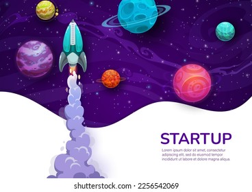 Business startup project. Rocketship launch and galaxy space planets. Business project internet site template, startup launch banner or vector background, company web page with starship in space