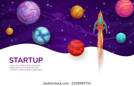 Business startup project. Rocketship launch and galaxy space planets. Startup launch landing page layout or cartoon background, business project website vector template, company social media homepage