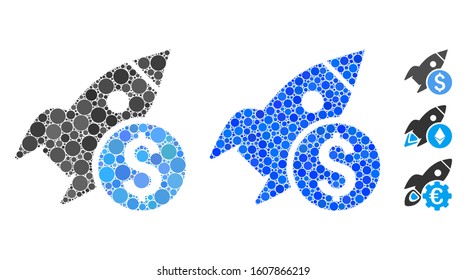 Business startup rocket composition of small circles in variable sizes and color tinges, based on business startup rocket icon. Vector random circles are united into blue composition.
