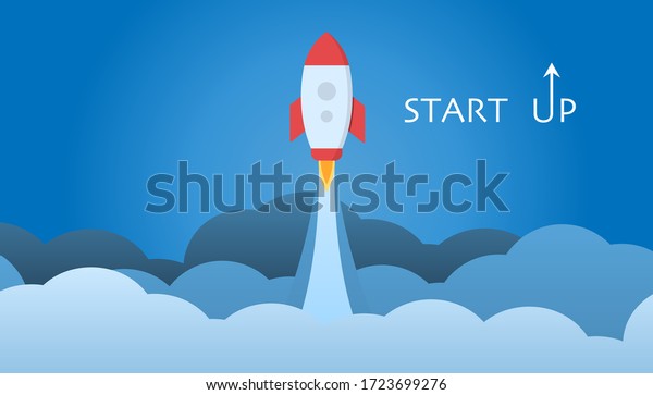 Business startup with\
rocket flight. Launch project motivation space ship. Concept of\
success in galaxy with clouds background. Illustration of\
innovation. Vector EPS\
10.