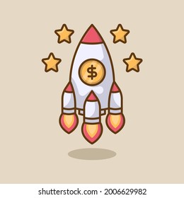 Business start-up rocket icon in flat style. Rocket spaceship with dollar cartoon vector illustration