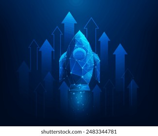 business startup rocket launch and arrow up technology. business investment growth progress background. vector illustration fantastic hi-tech design.