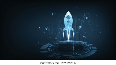 Business startup rocket launch and candlesticks chart digital on dark blue background.Business growth currency stock market share investment economy.  leadership strategy achievement. 