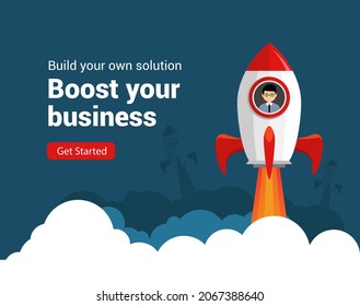 Business startup rocket launch flat vector illustration. Startup space design rocketship innovation product