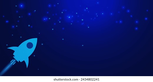 Inicio de negocios con lanzamiento de cohetes y conexión a la red. Logro de objetivos y concepto de refuerzo en el fondo de la tecnología azul. Ilustración vectorial.
