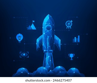 business startup rocket launch technology digital with icon finance on blue background. goal and achievement. vector illustration low poly wireframe. 