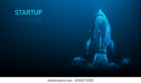 business startup rocket launching digital technology on blue background. new business fast growth to success. vector illustration low poly wireframe design.