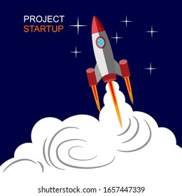 Business startup. Startup rocket in space. New creative idea for business. Success in management. Innovation project launch. Cartoon technology travel to the moon. Vector
