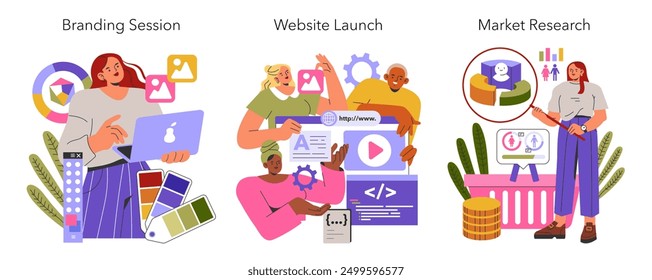 Business Startup set. Creative team in branding session, website launch, and market research. Creative process dynamics, online presence, and data analysis. Vector illustration.