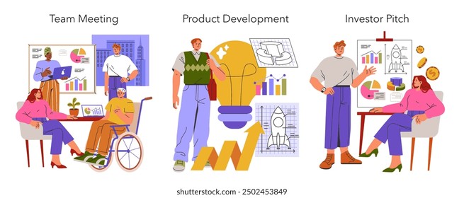 Business Startup set. Dynamic stages from team meeting to product development and investor pitching. Collaborative work, creativity, and funding. Vector illustration.