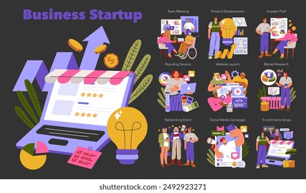 Business Startup set. Illustration of entrepreneurship stages from idea to e-commerce. Teamwork, pitch, branding, launch and marketing. Vector illustration.