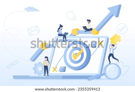 Business startup and setting goals concept. Arrow pointing up, business growth, increase, and achieve success. Collaboration, planning, thinking, and brainstorming. Flat vector design illustration. 