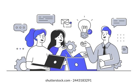 Business startup simple. Man and women with laptops discuss idea. Inspiration and brainstorming. Collaboration and cooperation. Doodle flat vector illustration isolated on white background