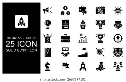 Business Startup Solid Glyph Icon vector illustration bundle. Solid Black Glyph icon Package.