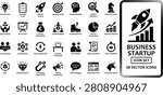 Business startup solid icon set containing icons for rocket launch, brainstorming, capital investment, crowdfunding, and financial growth. Solid glyph vector icons for corporate projects.