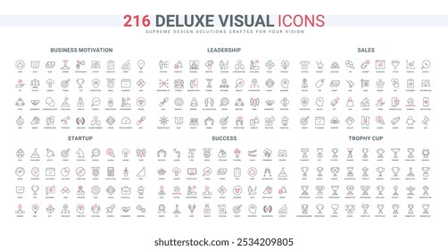 Business start-up soluções, eficiência, motivação para liderança e crescimento linha ícone conjunto. Filtro de conversão e marketing para vendas de sucesso fino preto e vermelho esboço símbolos vetor ilustração