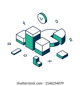 Business startup strategy analyzing chart graphic datum statistics development 3d icon isometric vector illustration. Market research, product testing, data analysis. Management process optimization