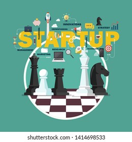 Business startup strategy concept with chess figures on a chess board. Vector illustration